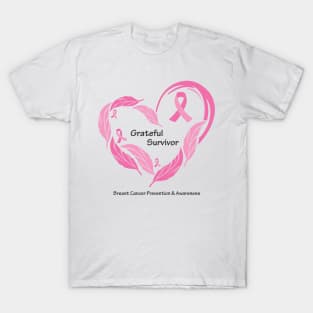 Breast cancer survivor with feathers, ribbons & black type T-Shirt